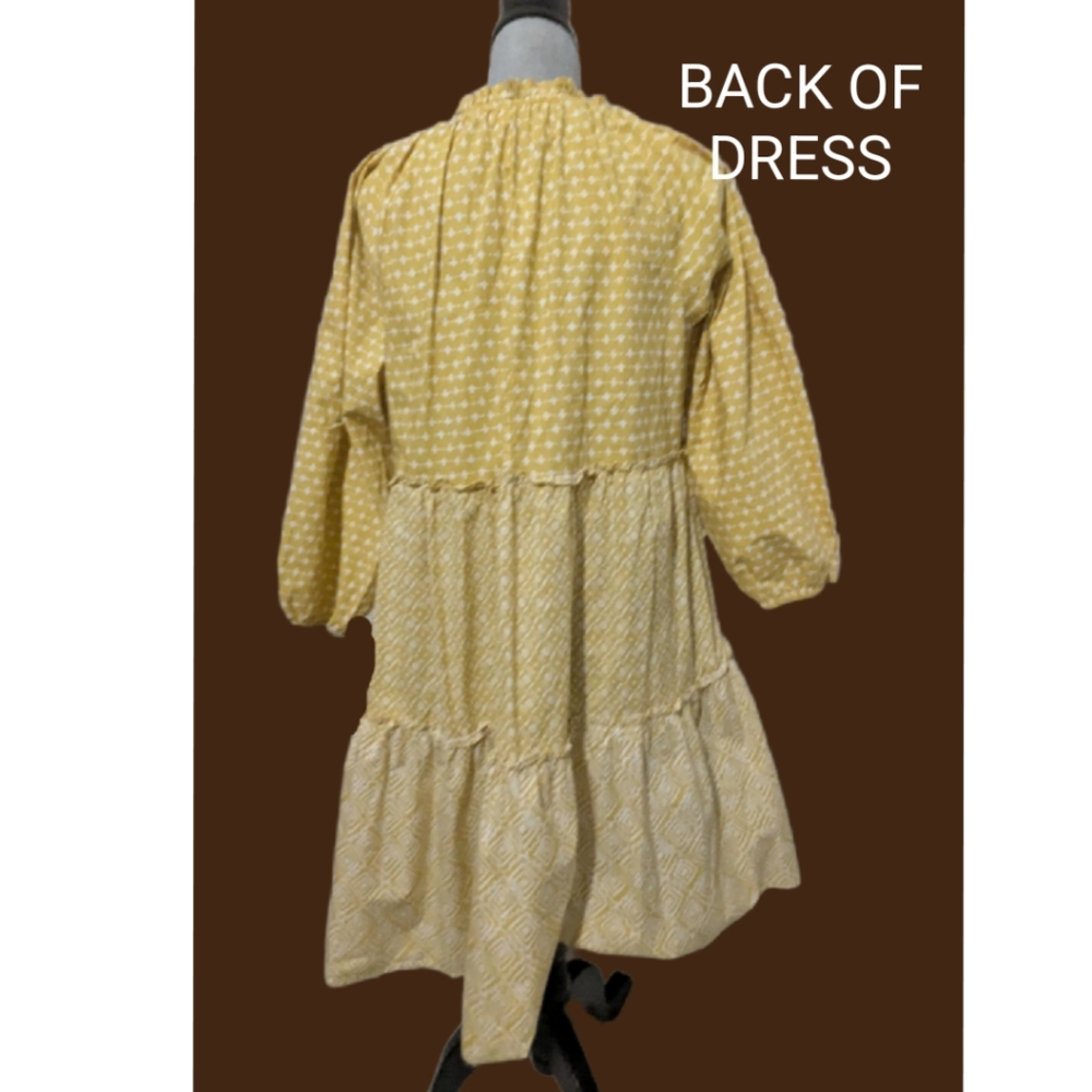 Loft Tiered Cotton Dress Sz M  Mustard Yellow Multi Print Knee Puff Sleeve 🌼(4) - Picture 5 of 16